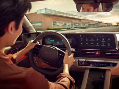  The interior of the Hyundai IONIQ 6 four-door all eletric sedan.