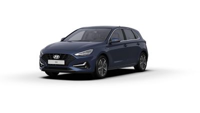 Vista frontal y lateral del nuevo Hyundai i30 en color Stellar Blue.