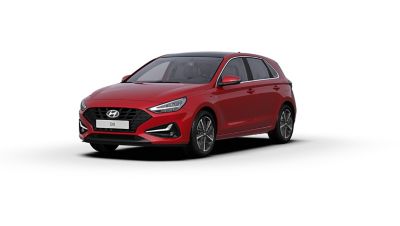 Exterieur van de Hyundai i30 in Sunset Red.