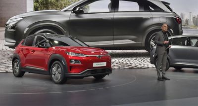 The all-new Hyundai Kona Electric at the Geneva Motor Show 2018.