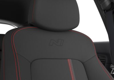 A close-up of the N-branded sporty seats inside of the Hyundai i20 N Line.