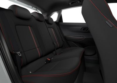 The iconic red stitching across the interior of the Hyundai i20 N Line.