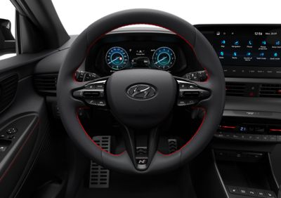 The leather steering wheel of the Hyundai i20 N Line.