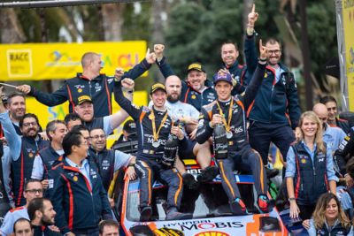 The Hyundai WRC team celebrates the second win of the 2021 season.