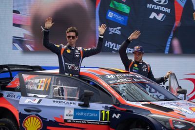 Hyundai Motorsport driver Thierry Neuville and his co-driver Martijn Wydaeghe celebrating.