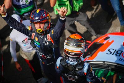 Hyundai Motorsport driver Thierry Neuville and his co-driver Martijn Wydaeghe celebrating.