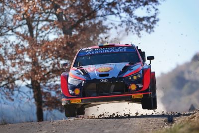 Motor sport driver Thierry Neuville's Hyundai i20 WRC showing us some serious air time. 