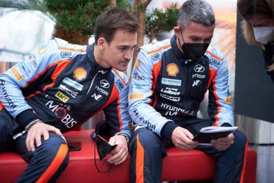 Hyundai Motorsport driver Dani Sordo and his co-driver Cándido Carrera planning before a race.