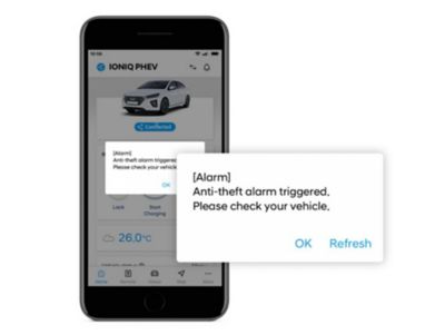 Detail aplikace Hyundai Bluelink s upozorněním na detekci krádeže.