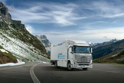 Hyundai XCIENT fuel cell truck on a mountain pass