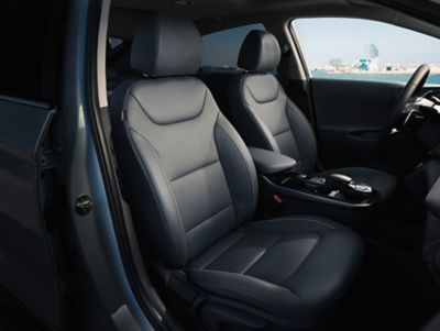 Close up view of the Fossil Grey Leather seats in the Hyundai IONIQ Electric.