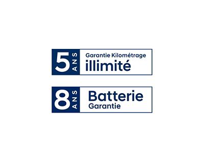 Icônes de la garantie 5 ans kilométrage illimité et de la garantie 8 ans de la batterie.