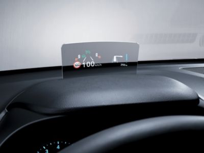 The Head-up display (HUD) in the Hyundai Kona Electric projecting important informations into your sight.