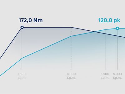 Graph showing the torque and power curves of the all-new BAYON's 1.0 litre T-GDi petrol engine	