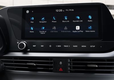 Close-up of the all-new Hyundai i20's 10.25-inch touchscreen