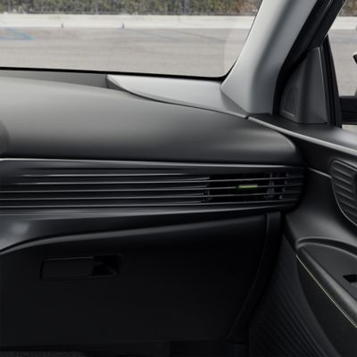 The Hyundai i20 dashboard with the new horizontal blades and air vent on the passenger side