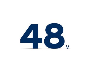 Black letters against a white background saying 48V for the mild-hybrid system.