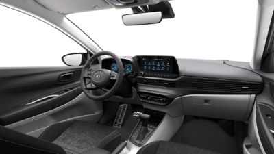 Interior view of the front seats inside the all-new Hyundai BAYON compact crossover SUV.