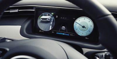 The 10.25" digital cluster inside of the all-new Hyundai Tucson Hybrid SUV.