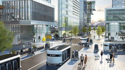 Vision zukünftiger urbaner Mobilität mit modularen PnD und L7 Fahrzeugen.