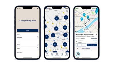 Screenshots van de Charge MyHyundai-app op een smartphone.