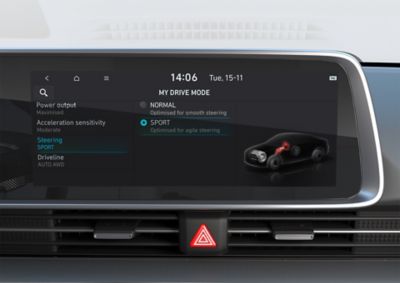 Écran de sélection des modes de conduite sur Hyundai IONIQ 6 pour régler la sensibilité de la direction assistée.