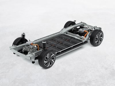 Die Hyundai E-GMP Elektro Fahrzeugplattform mit ihren im Fahrzeugboden angebrachten Batterien.