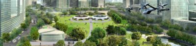 Vision einer Stadt der Zukunft mit Hochhäusern und einer Verkehrs-Relaisstation in einem Park. 