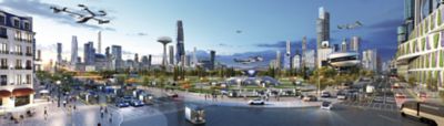 Vision einer Stadt der Zukunft mit verschiedenen Verkehrsmitteln auf der Straße und in der Luft.
