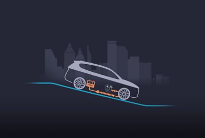 Det regenerative bremsesystemet lader batteriet i nye Hyundai SANTA FE Plug-in Hybrid SUV. Illustrasjon.