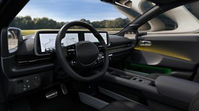 Het zuiver elektrische IONIQ 6-interieur van Hyundai met een dashboard met moduleerbaar aanraakscherm.
