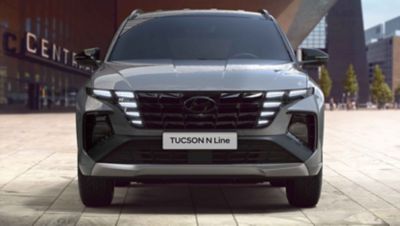 Frontview of the all-new Hyundai TUCSON Hybrid N Line in shadow gray.