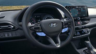 N steering wheel inside the cockpit of the Hyundai i30 N performance hatchback