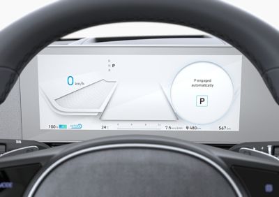 Digitalt 12,3-tommers instrumentdisplay på førerplassen i elbilen Hyundai IONIQ 5 Project 45 crossover. Foto.