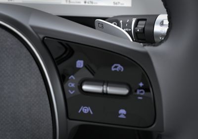 The paddle shifters for the adjustable regenerative braking system of the Hyundai IONIQ 5 electric midsize CUV.