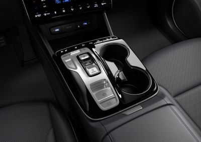 The button type shift by wire  of the all-new Hyundai Tucson Hybrid compact SUV.