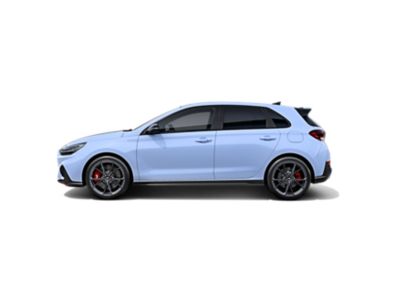 The Hyundai i30 N from the side in Performance Blue colour