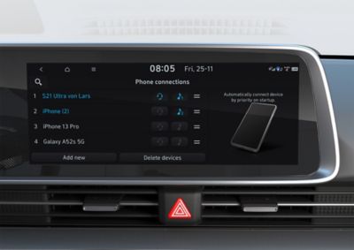 Anzeige der gekoppelten Smartphones auf dem Touchscreen eines Hyundai IONIQ 6. 