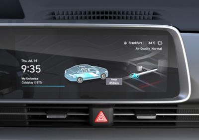 Detailansicht des 12,25-Zoll-Touchscreens für Navigation und Infotainment an Bord des Hyundai IONIQ 6.