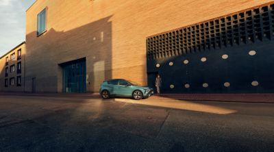 The all-new Hyundai BAYON compact crossover SUV parked in the colour Mangrove Green.