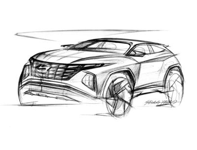 Design sketch of the all-new Hyundai Tucson compact SUV pictured from the front.