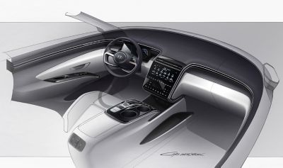 Design sketch of the all-new Hyundai Tucson compact SUV futuristic cockpit.