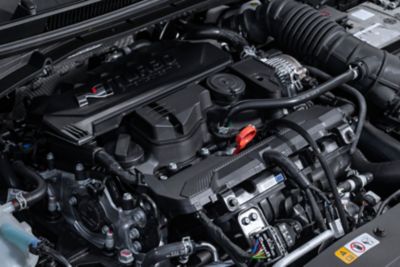 The engine of the i20 N in an opened hood.