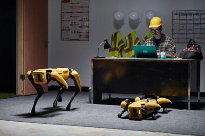 Lavoratore seduto alla scrivania con due robot Spot a quattro zampe in attesa di istruzioni
