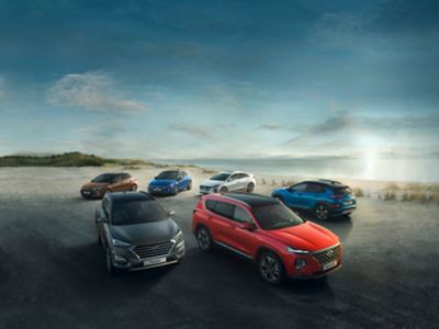 Sei veicoli Hyundai parcheggiati uno accanto all'altro: KONA, i20, i10, SANTA FE, TUCSON e BAYON