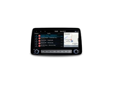 Immagine dello schermo del sistema di navigazione da 10.25” di Nuova Hyundai KONA che mostra informazioni sul traffico in tempo reale.