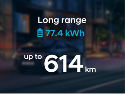 Grafika zobrazujúca 77,4 kWh batériu, ktorá umožňuje elektrickému Hyundai IONIQ 6 dojazd vyše 610 km.