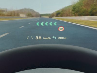 The advanced head-up display in the cockpit of the Hyundai IONIQ 5 electric midsize CUV.