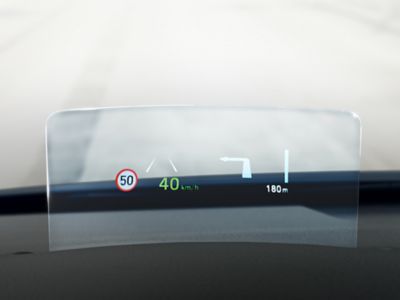 The Intelligent Speed Limit Warning recognizing road speed signs in the new Hyundai Kona Hybrid.