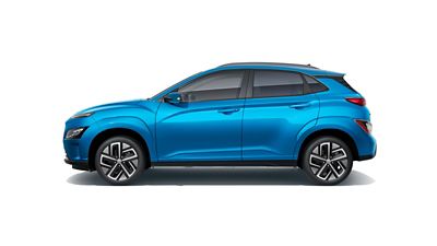 Vue latérale de la silhouette sportive du SUV compact Hyundai KONA Electric.